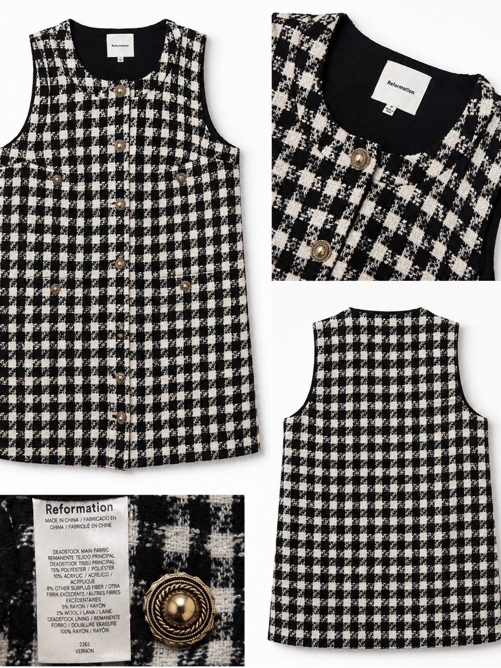 Reformation Tropez Black & White Houndstooth Sleeveless Mini Dress